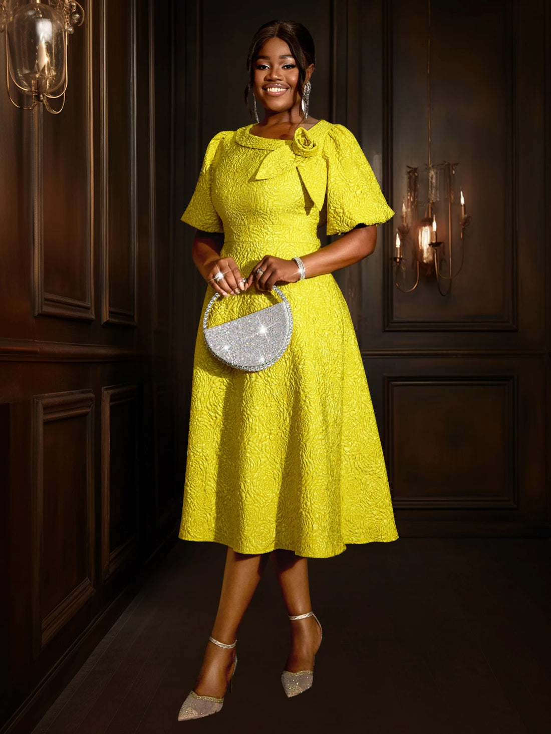 Yellow Jacquard A-Line Midi Dress