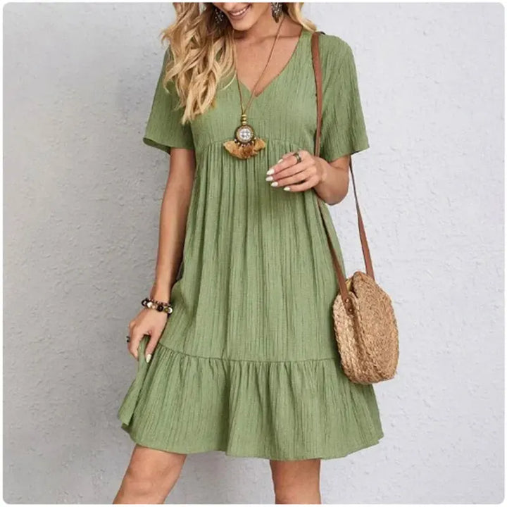 V-Neck Short Sleeve Loose Waist Ruffle Dress