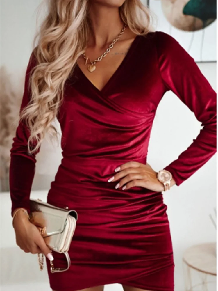 Sexy Red V-Neck Long Sleeve Mini Dress