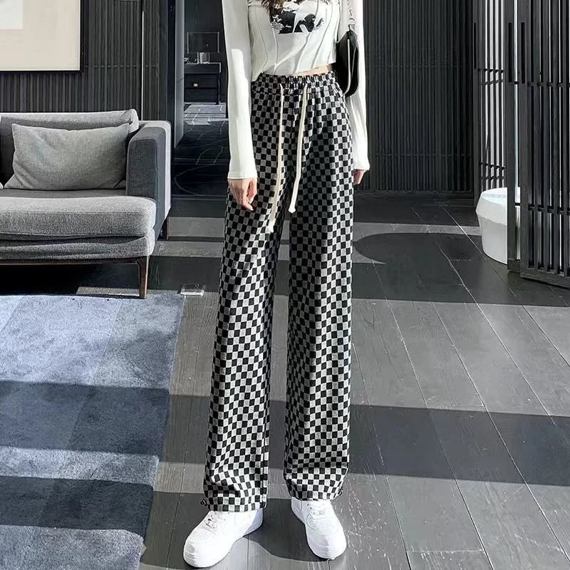 Plaid Loose Trousers High Waist Elastic Baggy Casual Pants