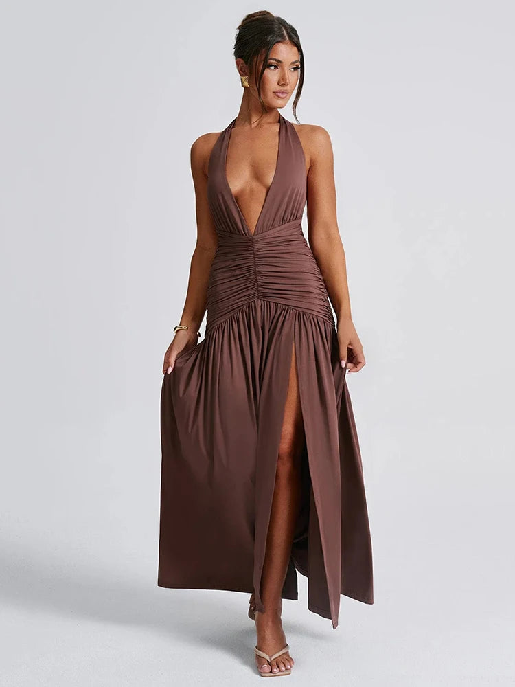 Halter Deep V-Neck Backless Maxi Dress