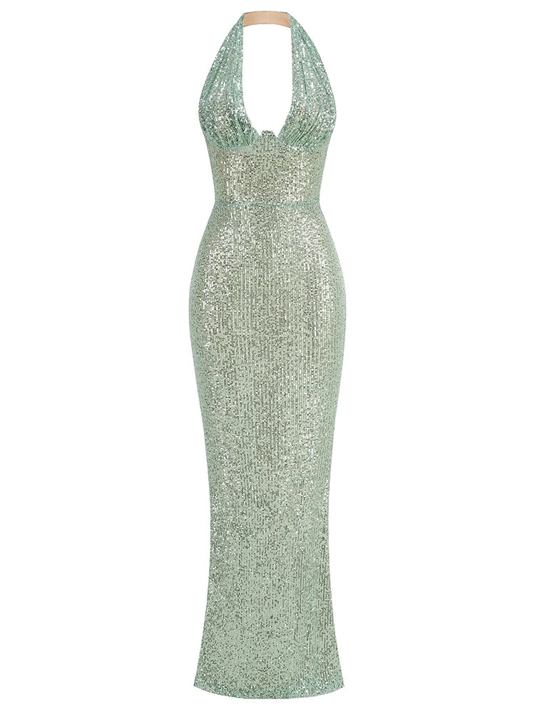 Sexy Green Halter Deep V Neck Sequined Maxi Party Dress