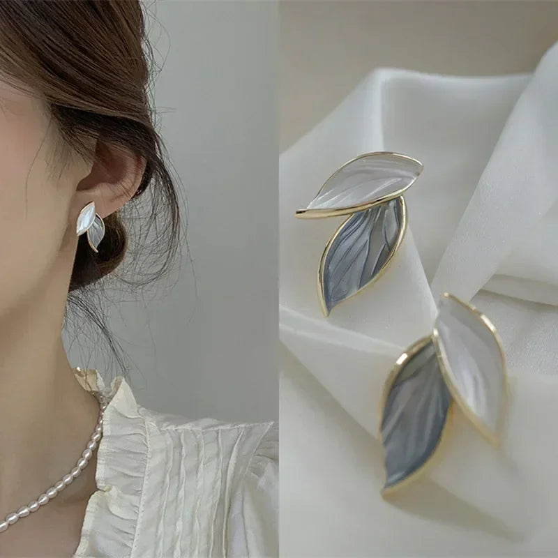 Trendy Sweet Grey Leaf Stud Earrings for Women