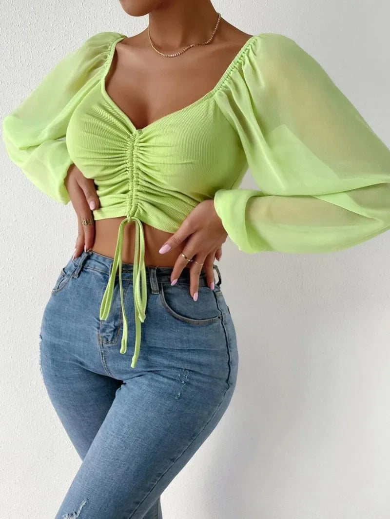 Sweetheart Neck Ruched Lantern Sleeve Crop Top