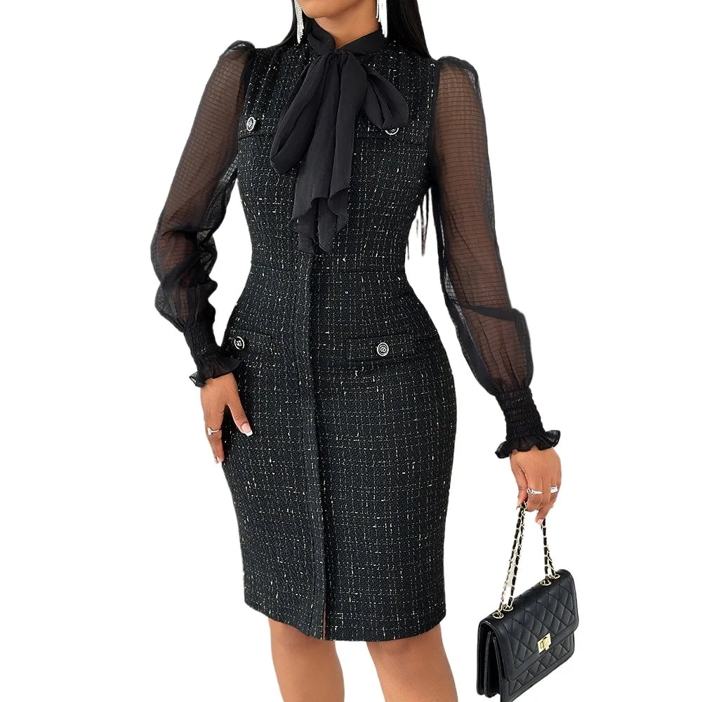 Tie Neck Mesh Patch Long Sleeve Midi Dress