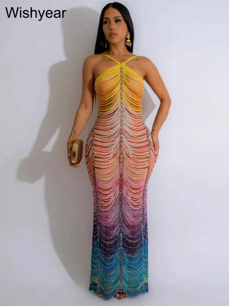 Gradient Rhinestone Tie Dye Halter Mermaid Dress