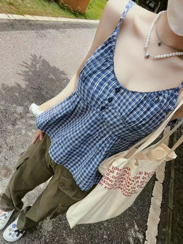 Blue Plaid Button Camisole Sleeveless Vintage Summer Top