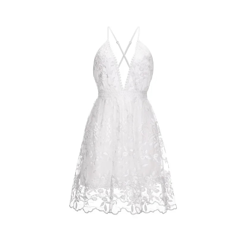 White Embroidery Backless Summer Beach Party V-neck Women Dress