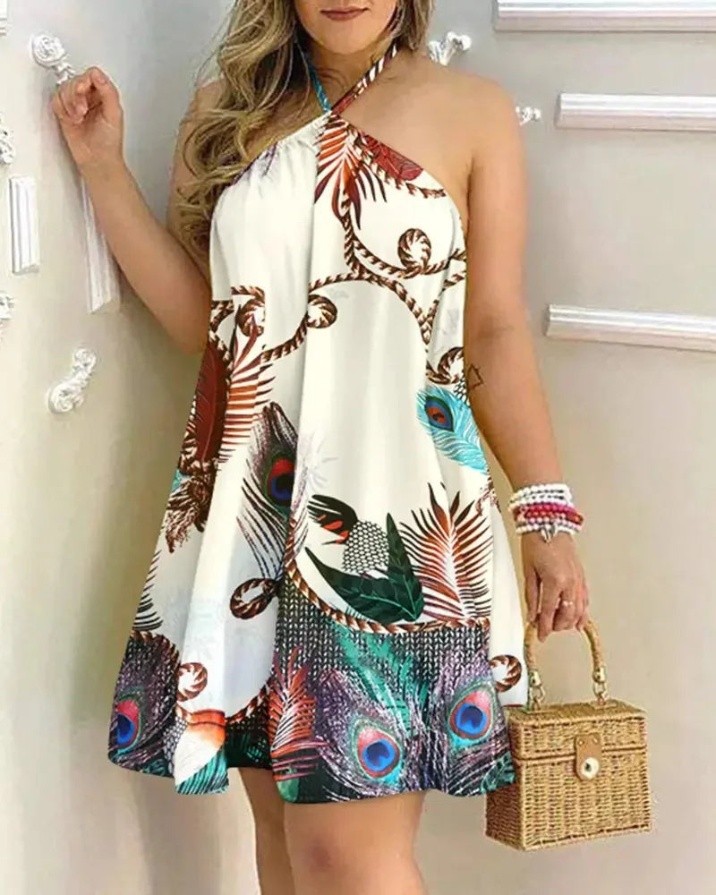 Tropical Print Halter Neck Backless Dress