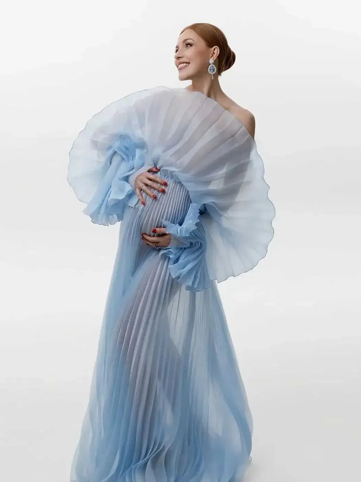 Sheer Blue Pleated Maternity Dress