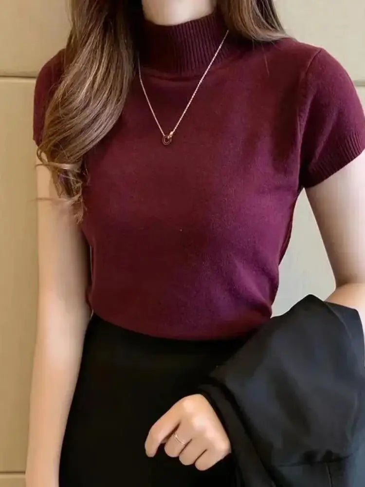 Elegant Half-High Neck Solid-Coloured Casual Top