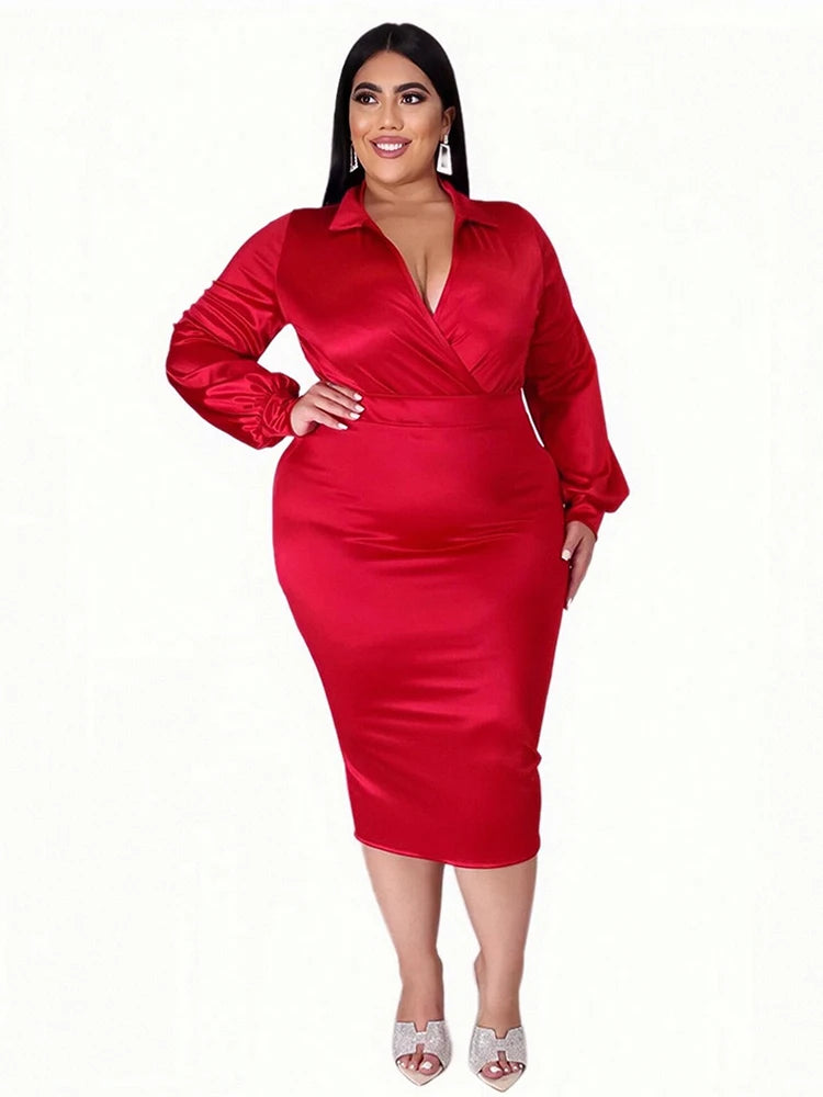 Plus Size Women’s Satin Long Sleeve Bodysuit Two-Piece Set