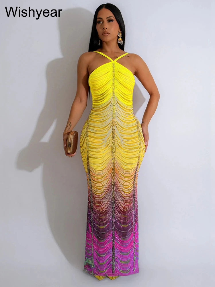 Gradient Rhinestone Tie Dye Halter Mermaid Dress