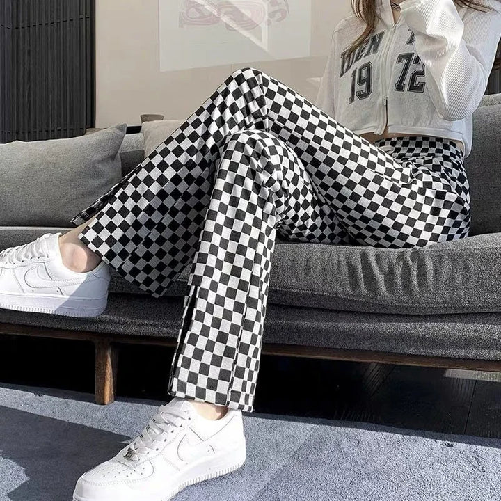 Plaid Loose Trousers High Waist Elastic Baggy Casual Pants