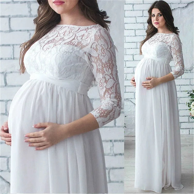 Elegant Long-Sleeve Lace Maternity Maxi Dress