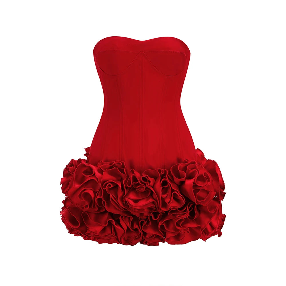 Strapless Red Floral Embellished Bodycon Cocktail Dress