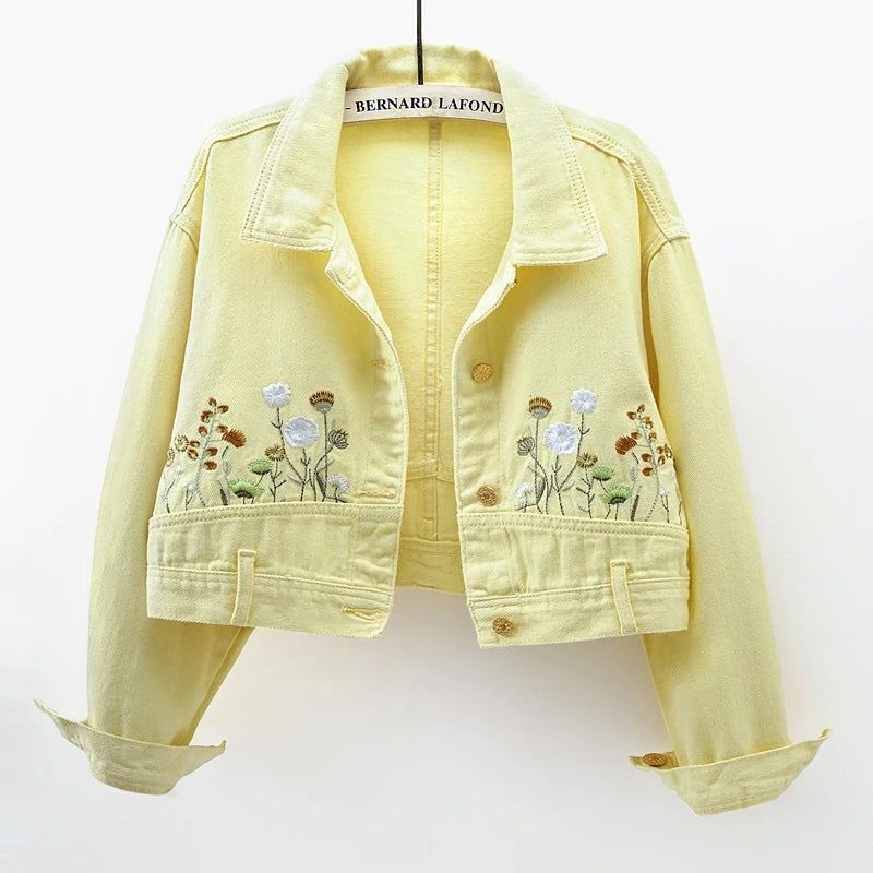 Chic Floral Embroidery Crop Denim Jacket