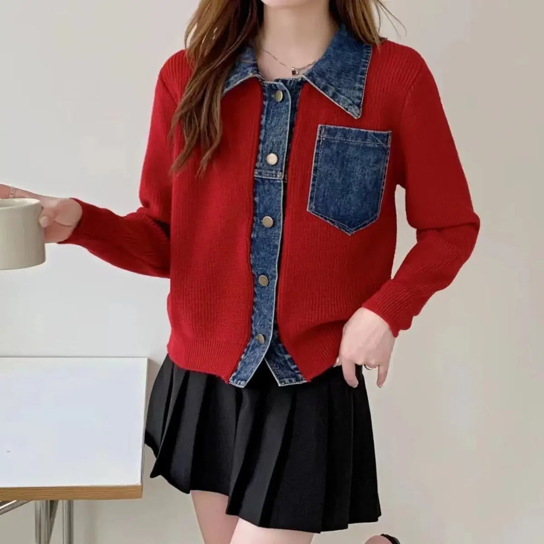 Small Spring Autumn Black Patchwork Denim Jacket