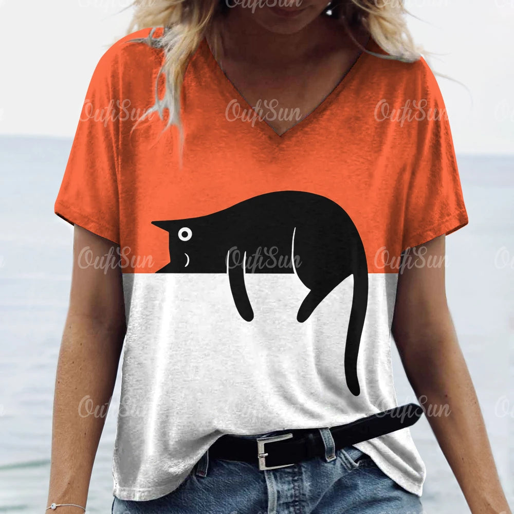 Oversized Cat Print Crew Neck Casual T-Shirt