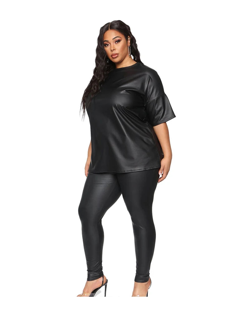 Women's Plus Size Black PU Two-Piece Summer Leather Outfit