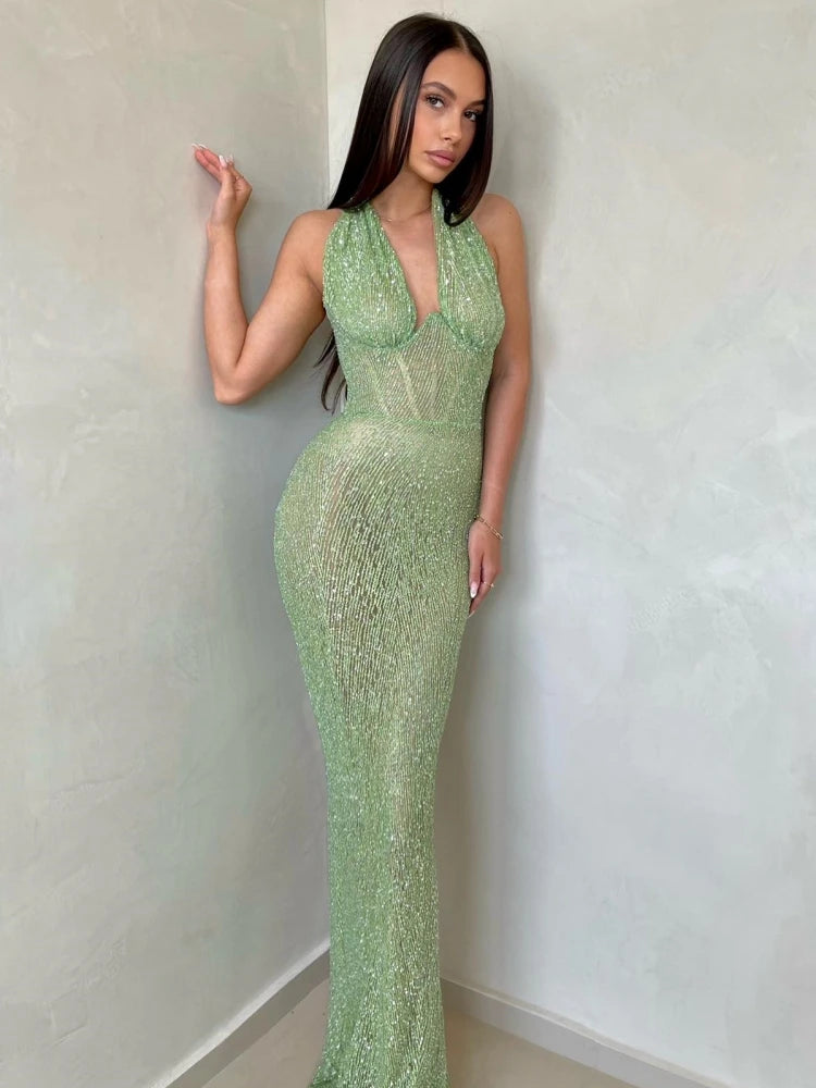 Sexy Green Halter Deep V Neck Sequined Maxi Party Dress