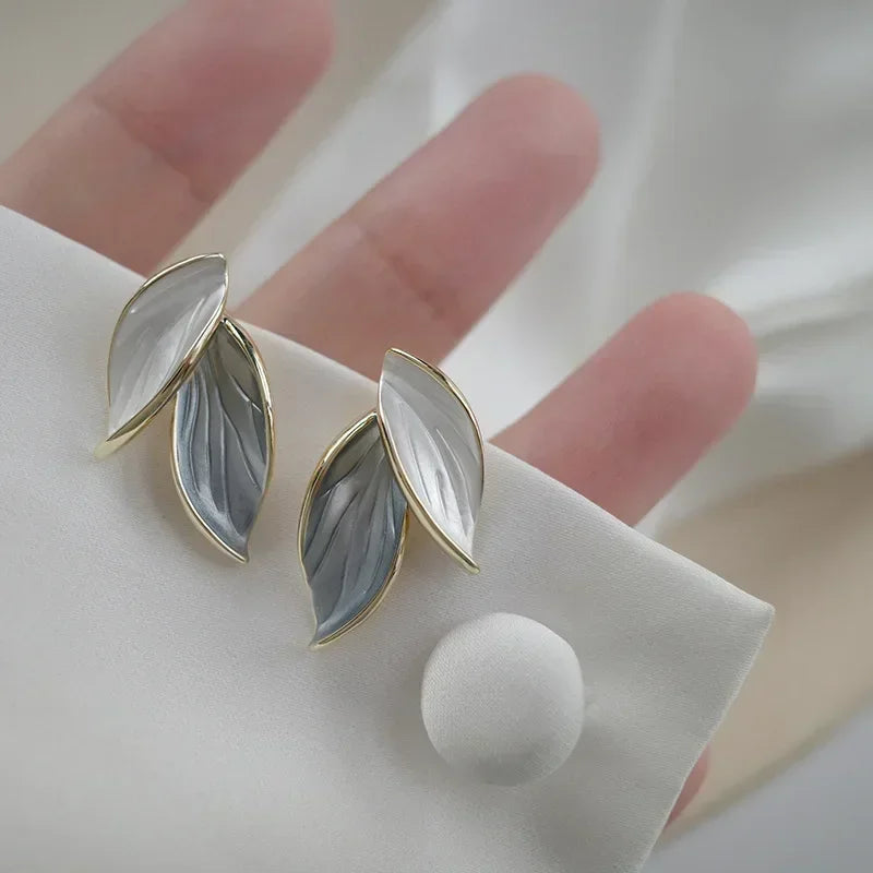 Trendy Sweet Grey Leaf Stud Earrings for Women