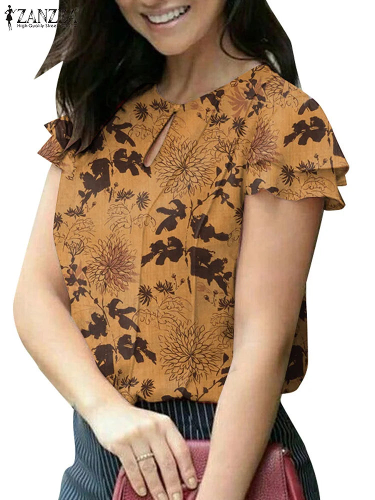 Summer Floral Printed Blouse Short Sleeve Casual Tunic Top