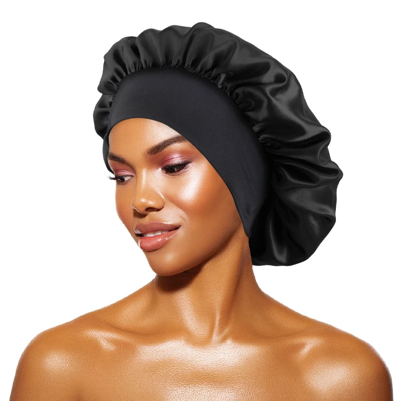 Satin Wide-Brimmed Bonnet Unisex Hair Care Elastic Band