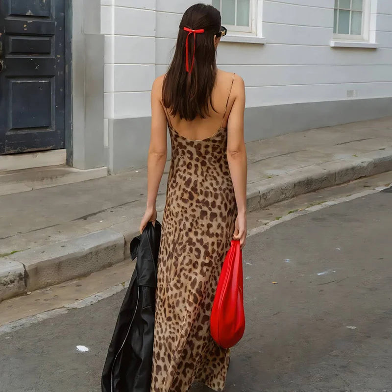 Vintage Leopard Print Spaghetti Strap Backless Summer Dress