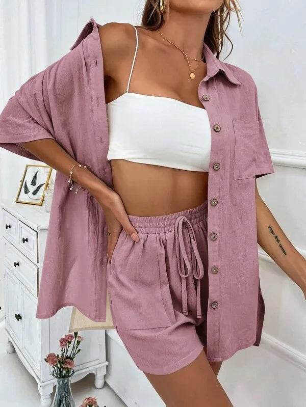 Ladies Casual Summer Suit Loose Shirt Shorts Two-Piece Set