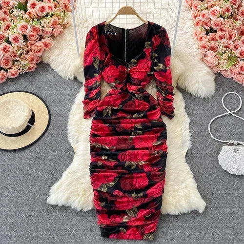 Rose Printed Pleated Dress