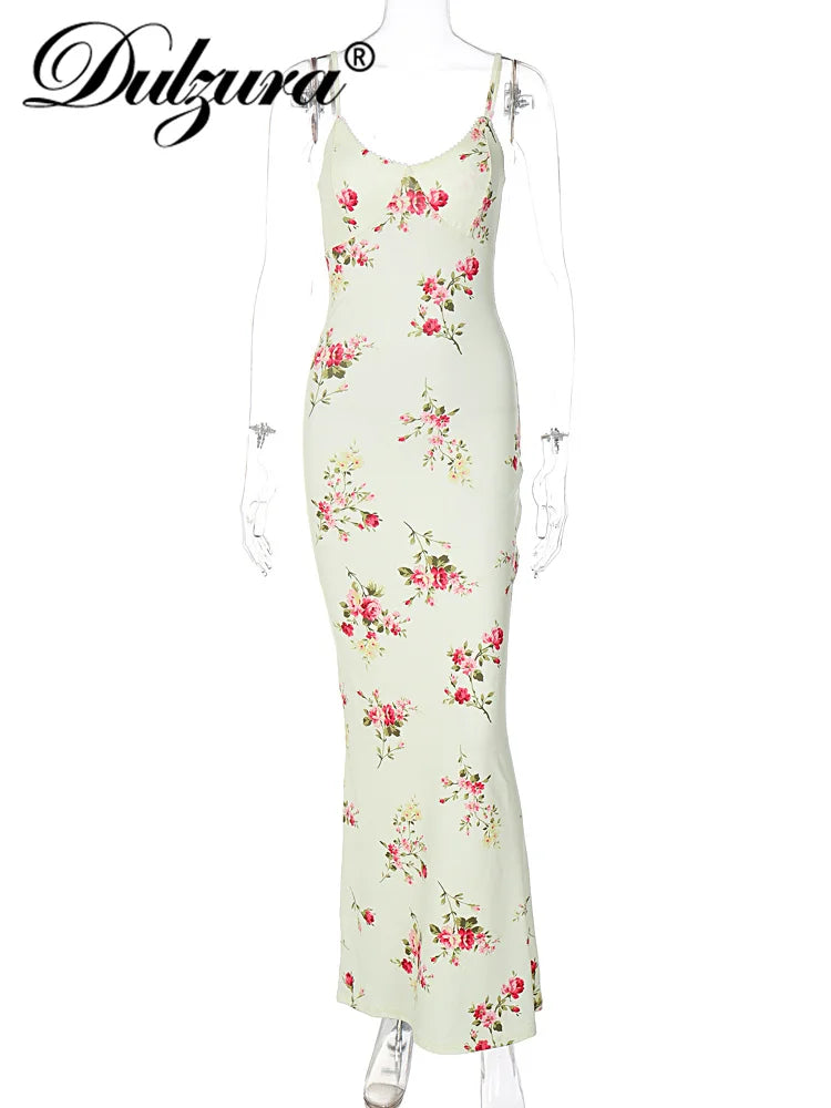 Sexy Y2K Floral Print Backless Bodycon Maxi Dress