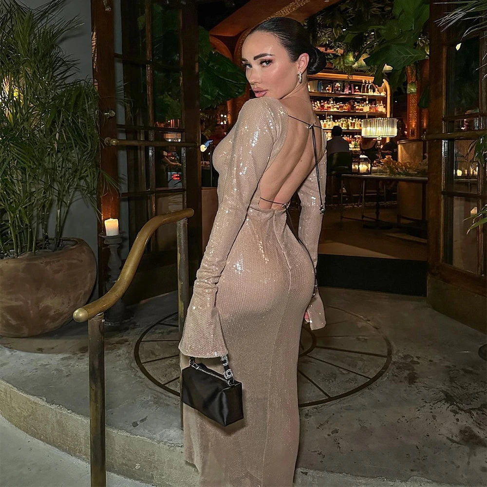 V-neck Long Sleeve Backless Midi Party Dress