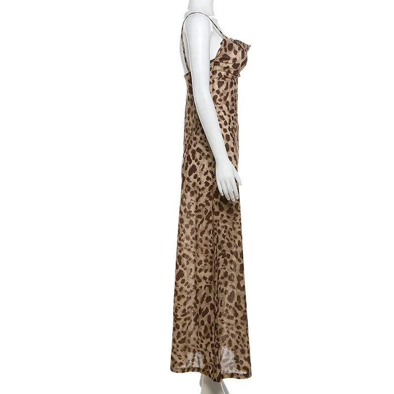 Vintage Leopard Print Spaghetti Strap Backless Summer Dress