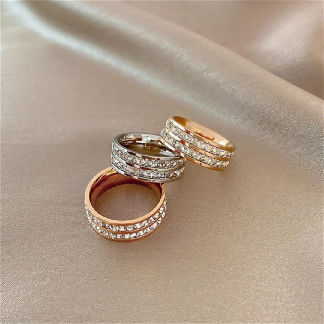 Luxury Rose Gold Double Row Zircon Stainless Steel Ring