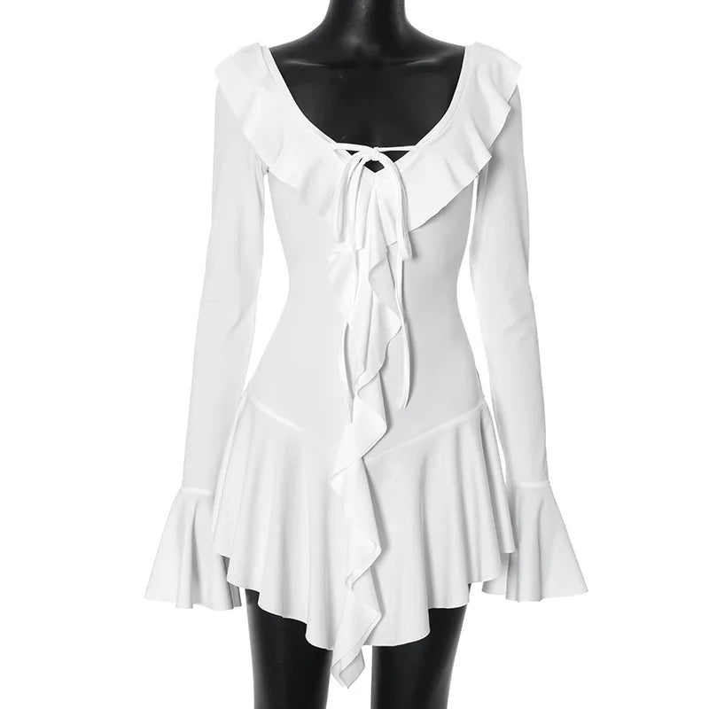 White Deep V-Neck Ruffled Dress with Long Flare Sleeves