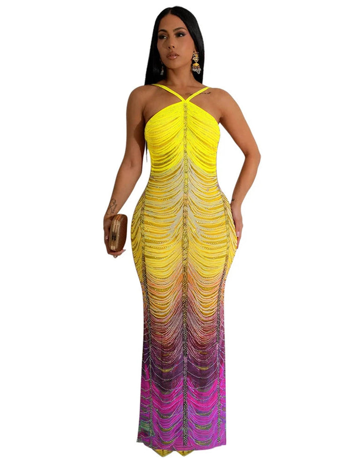 Gradient Rhinestone Tie Dye Halter Mermaid Dress