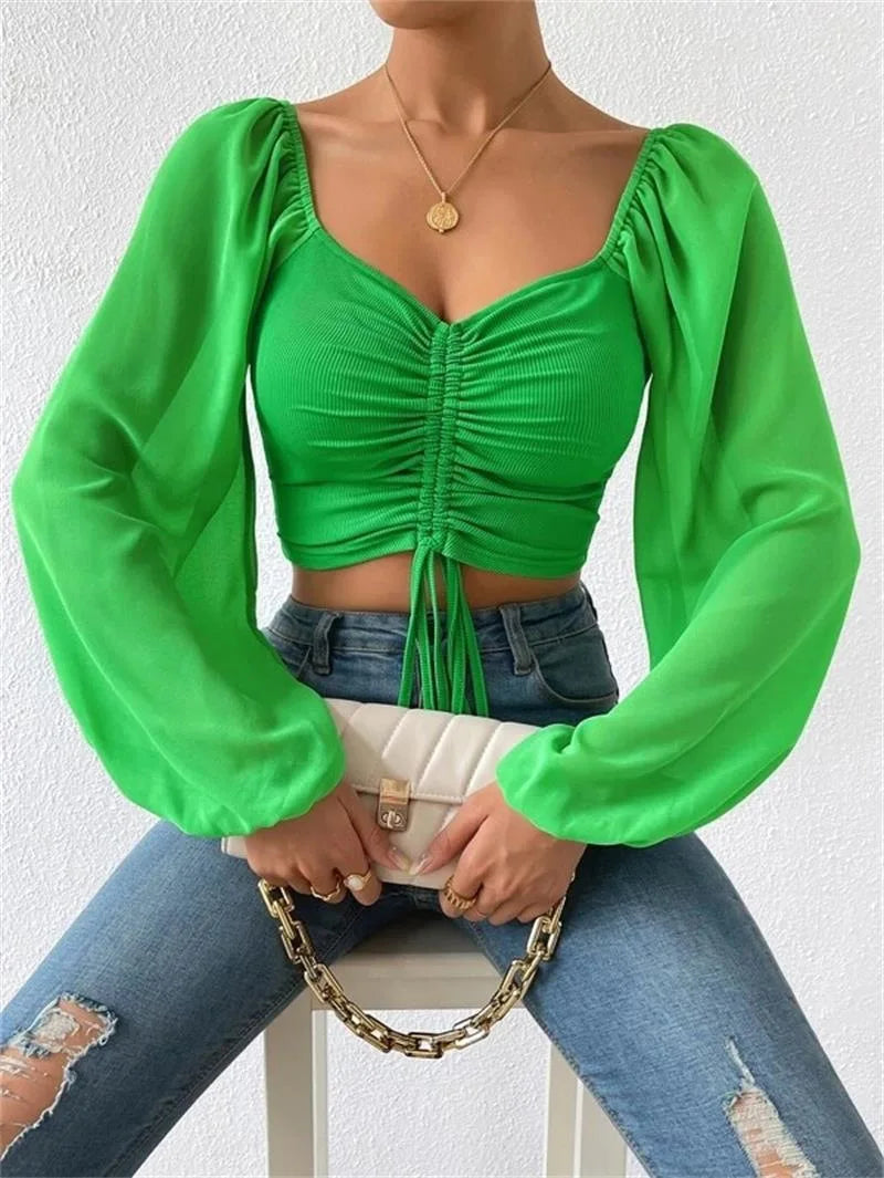 Sweetheart Neck Ruched Lantern Sleeve Crop Top