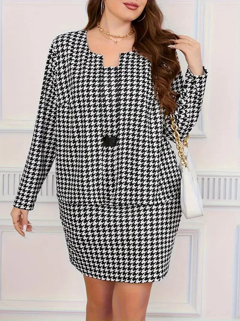 Plus Size Houndstooth Plaid Two-Piece Cropped Coat Set