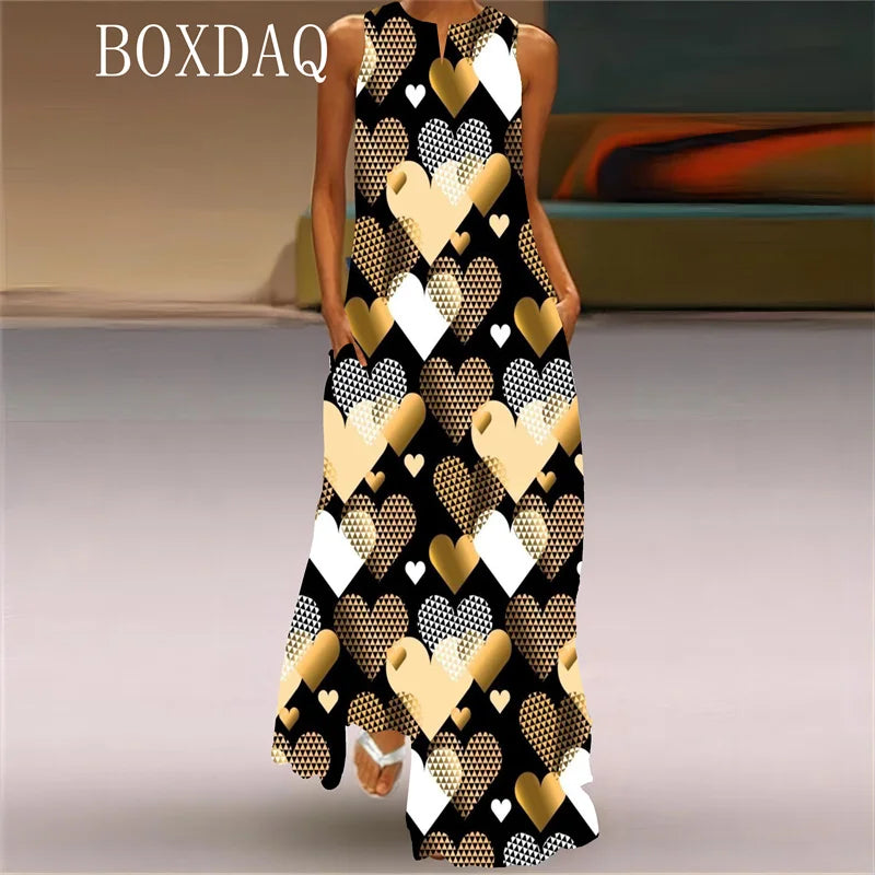 Elegant Gradient Love-Printed Long Dress