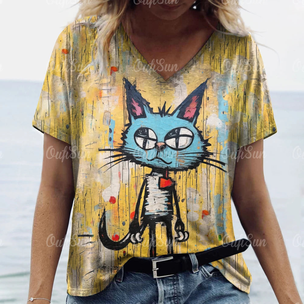 Oversized Cat Print Crew Neck Casual T-Shirt