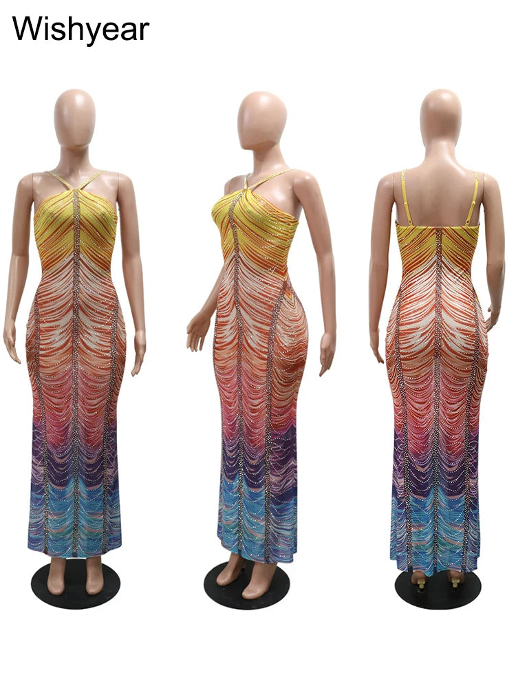 Gradient Rhinestone Tie Dye Halter Mermaid Dress