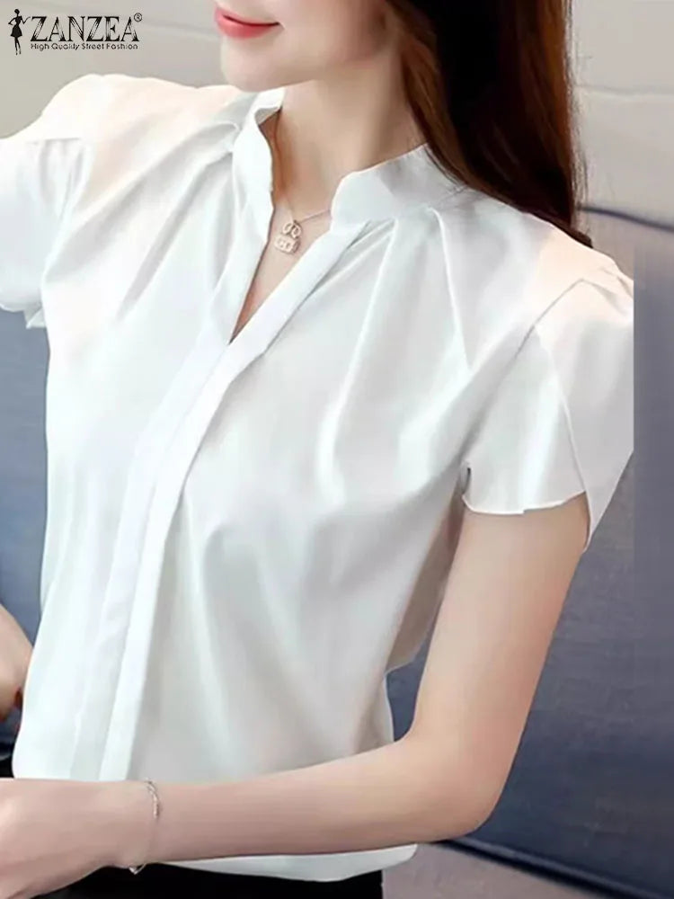 Formal Office V-neck Ruffle Chiffon Pleated Blouse