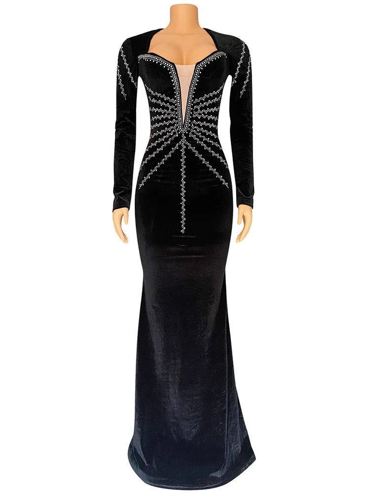 Elegant Velvet Diamond V-neck Party Dress