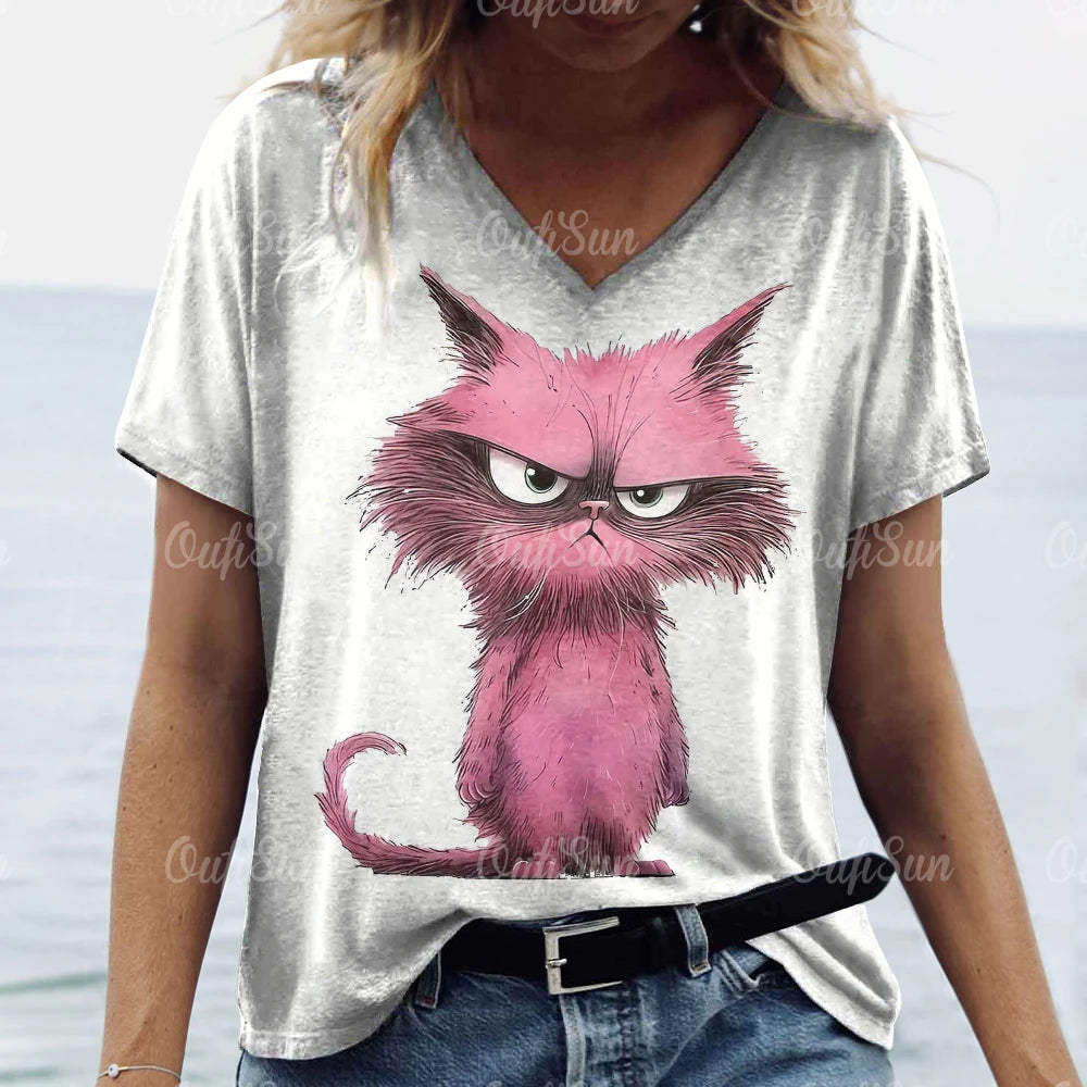 Oversized Cat Print Crew Neck Casual T-Shirt