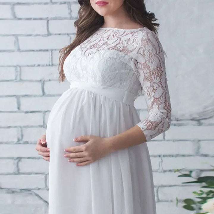 Elegant Long-Sleeve Lace Maternity Maxi Dress