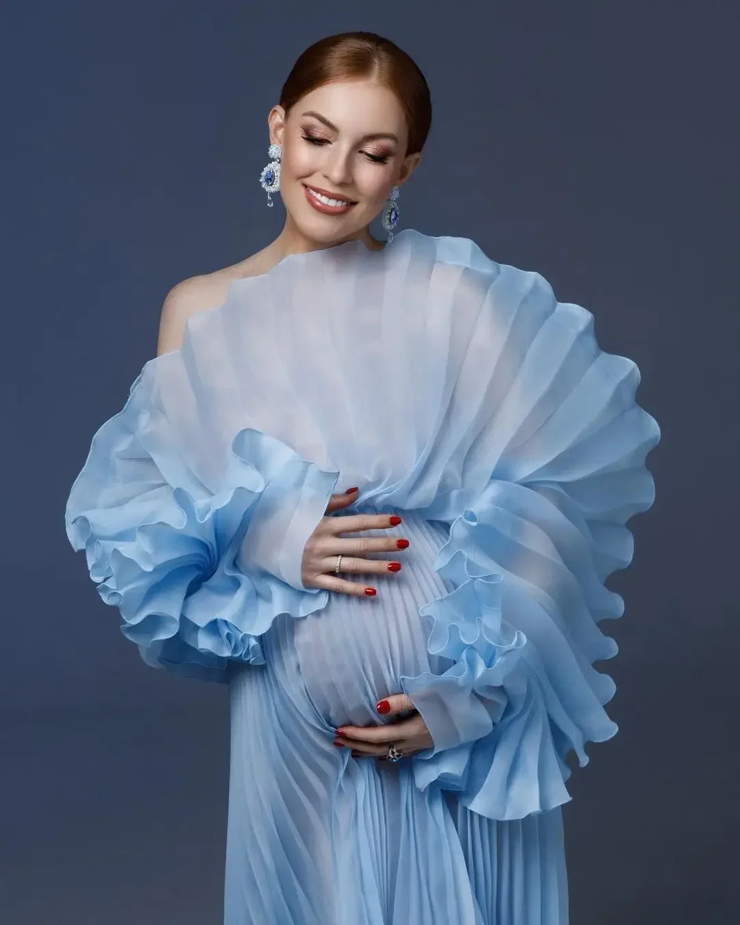 Sheer Blue Pleated Maternity Dress