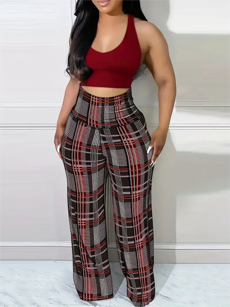 Plaid Wide-Leg High Waist Women’s Casual Trousers