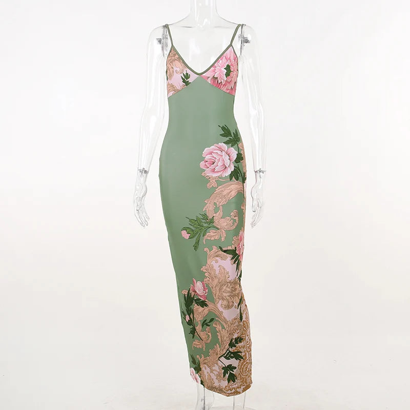 Sleeveless Print V-neck Slim Long Dress