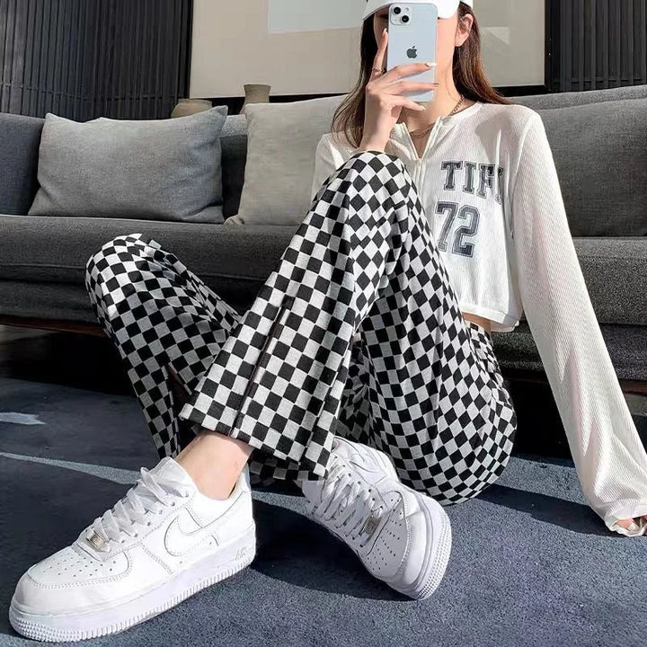 Plaid Loose Trousers High Waist Elastic Baggy Casual Pants